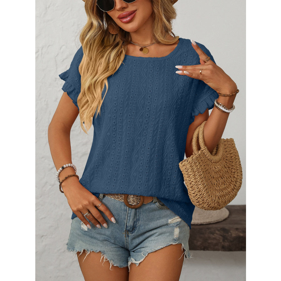 Mandy Eyelet Round Neck Short Sleeve Top Dusty Blue / S Apparel and Accessories