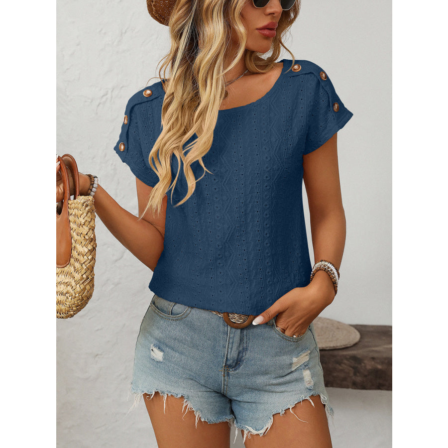 Mandy Eyelet Round Neck Short Sleeve Top French Blue / S Apparel and Accessories