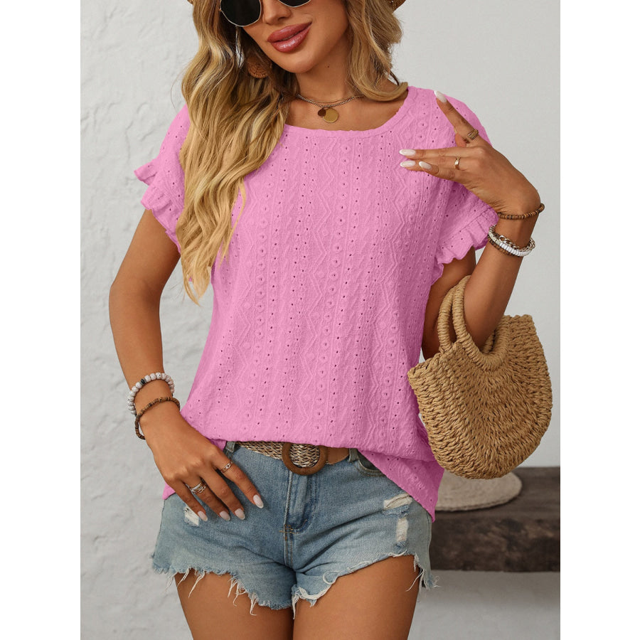 Mandy Eyelet Round Neck Short Sleeve Top Fuchsia Pink / S Apparel and Accessories