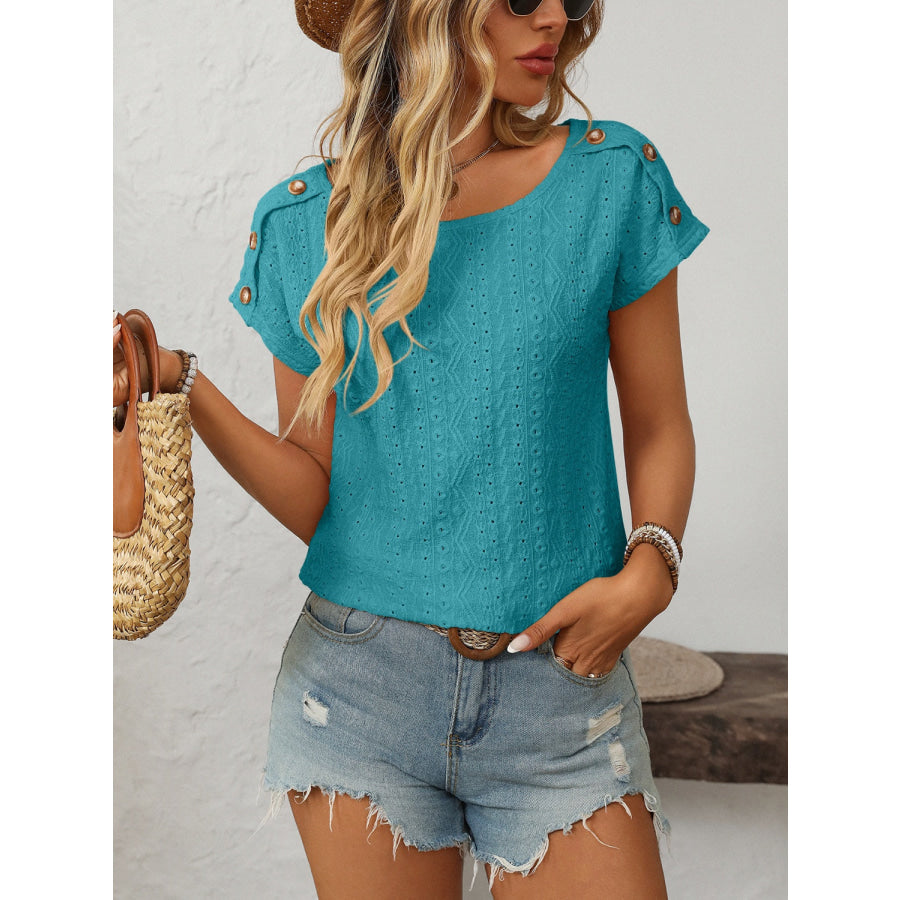 Mandy Eyelet Round Neck Short Sleeve Top Teal / S Apparel and Accessories