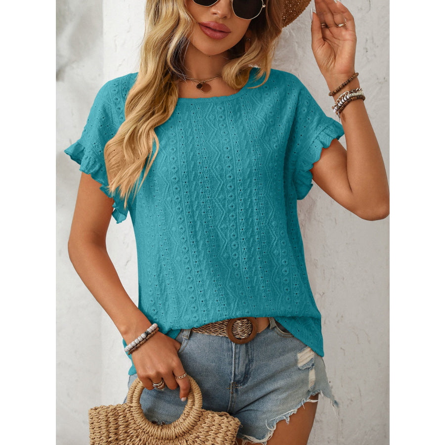 Mandy Eyelet Round Neck Short Sleeve Top Teal / S Apparel and Accessories