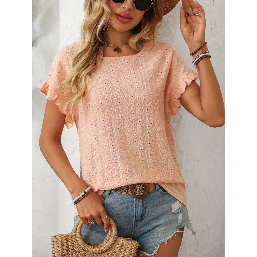 Mandy Eyelet Round Neck Short Sleeve Top Watermelon pink / S Apparel and Accessories