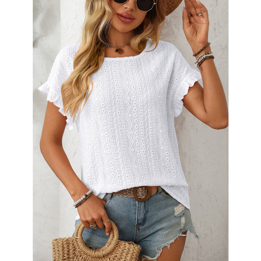 Mandy Eyelet Round Neck Short Sleeve Top White / S Apparel and Accessories