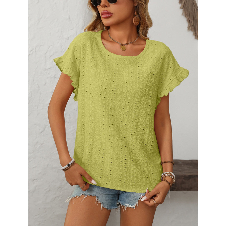 Mandy Eyelet Round Neck Short Sleeve Top Yellow-Green / S Apparel and Accessories