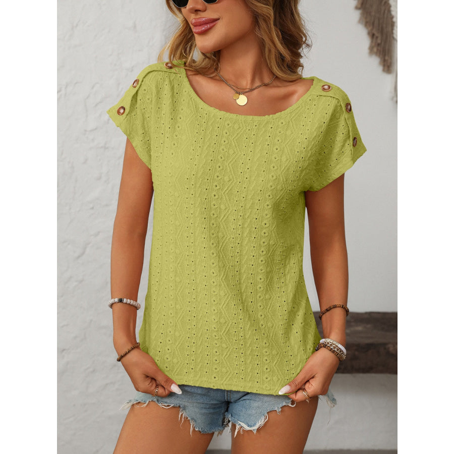 Mandy Eyelet Round Neck Short Sleeve Top Yellow-Green / S Apparel and Accessories