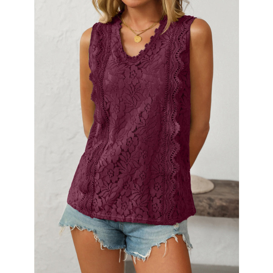 Mandy Lace V-Neck Tank Burgundy / S Apparel and Accessories