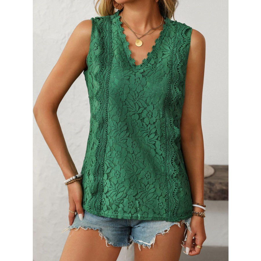 Mandy Lace V-Neck Tank Dark Green / S Apparel and Accessories