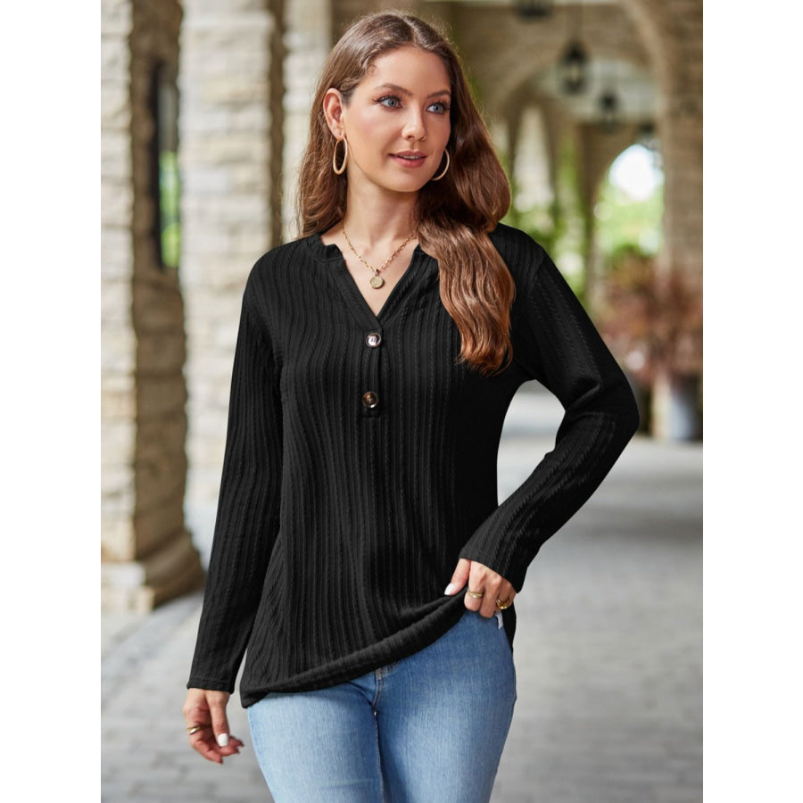 Mandy Notched Long Sleeve T-Shirt Black / S Apparel and Accessories