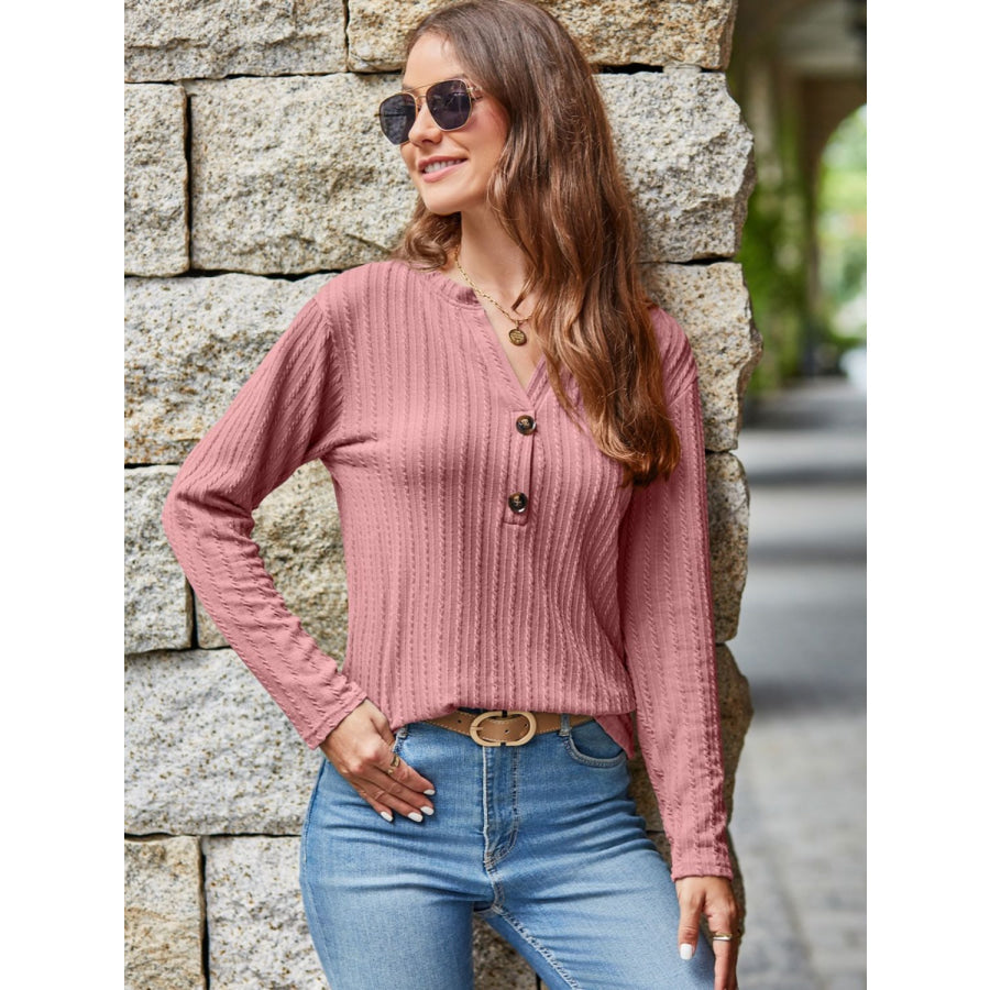 Mandy Notched Long Sleeve T-Shirt Dusty Pink / S Apparel and Accessories