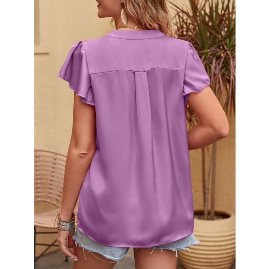 Mandy Notched Short Sleeve Blouse Apparel and Accessories