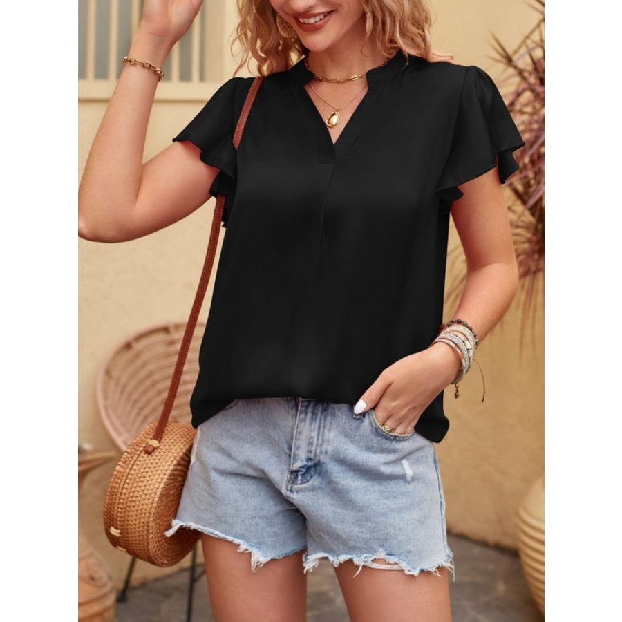 Mandy Notched Short Sleeve Blouse Black / S Apparel and Accessories