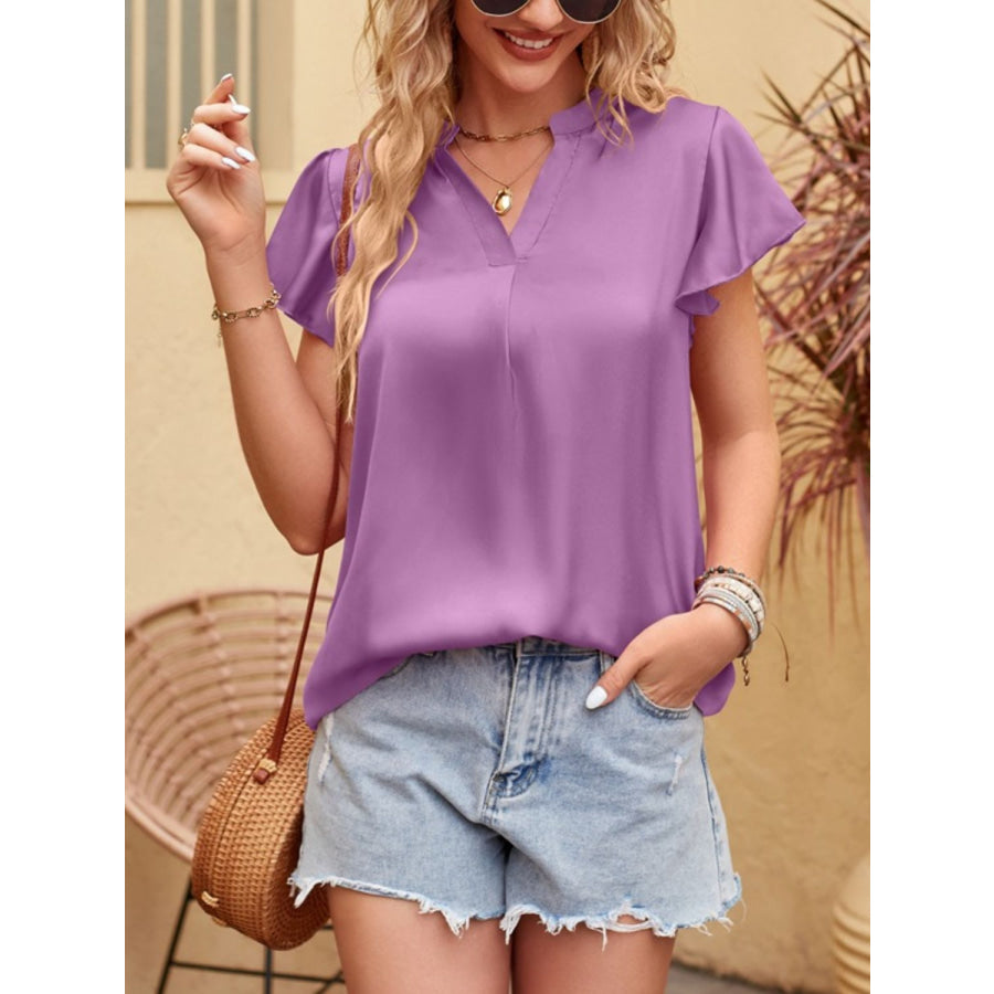 Mandy Notched Short Sleeve Blouse Lavender / S Apparel and Accessories