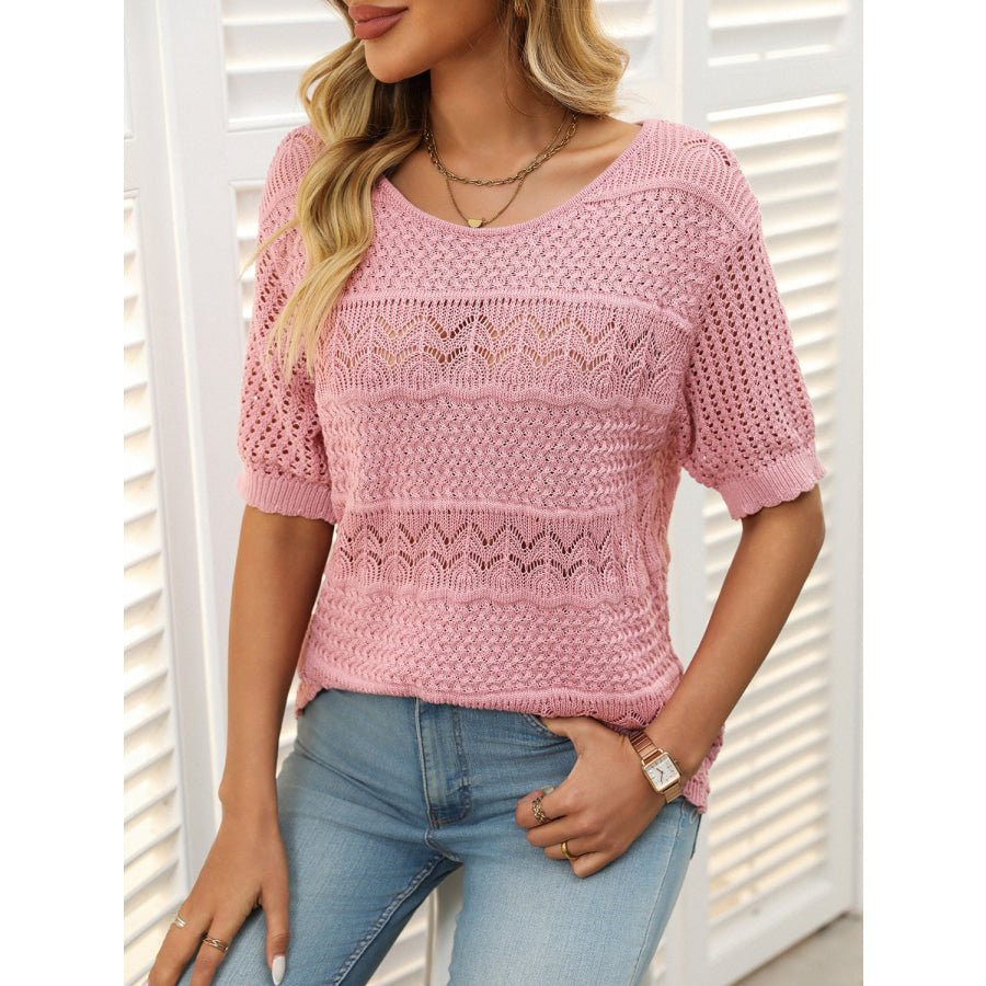 Mandy Openwork Round Neck Half Sleeve Knit Top Blush Pink / S Apparel and Accessories