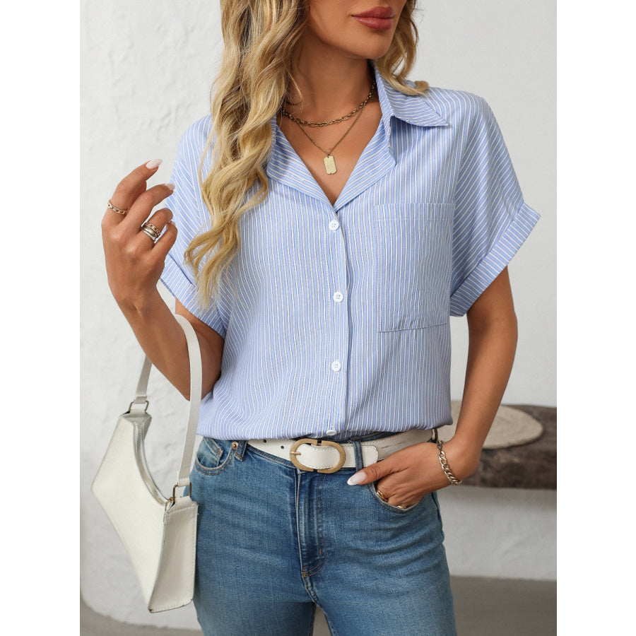 Mandy Pocketed Striped Collared Neck Short Sleeve Shirt Apparel and Accessories