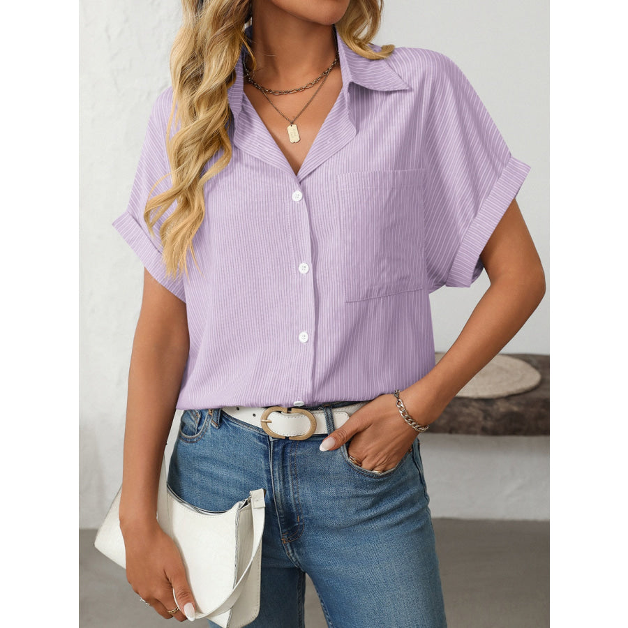 Mandy Pocketed Striped Collared Neck Short Sleeve Shirt Apparel and Accessories