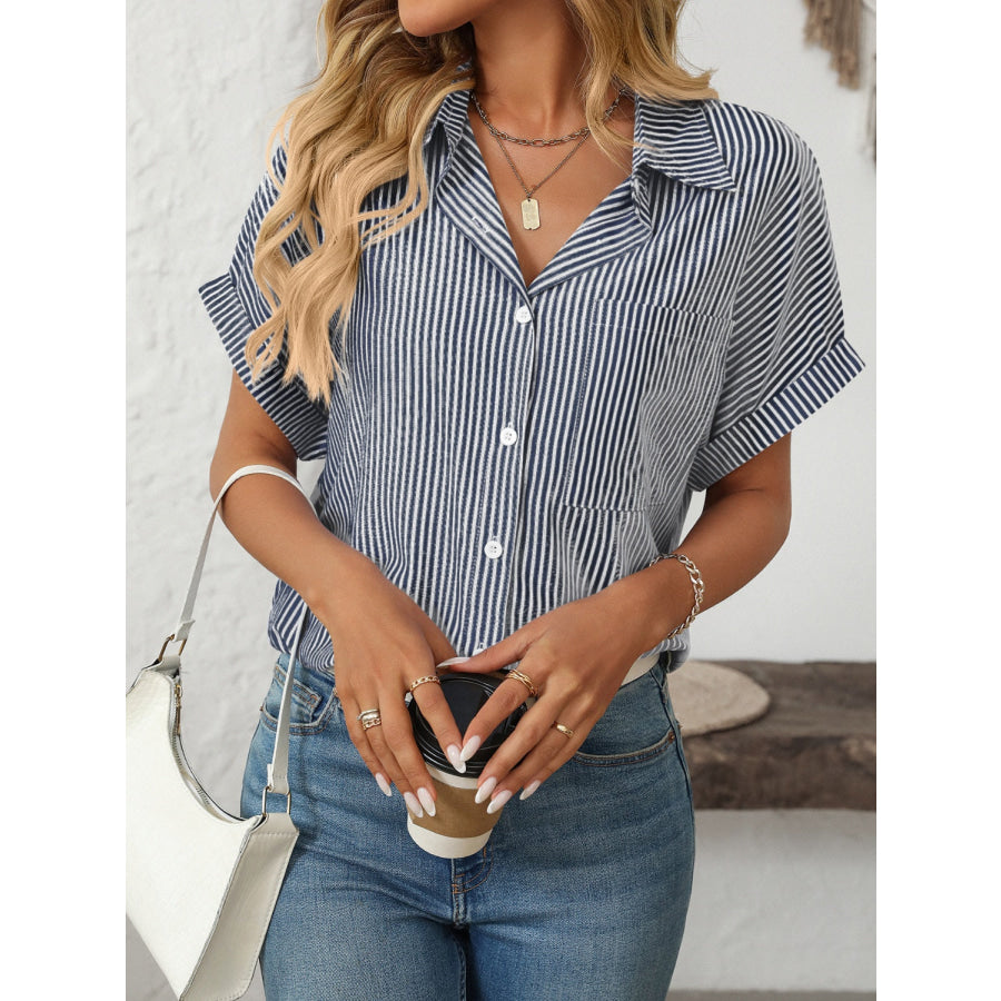 Mandy Pocketed Striped Collared Neck Short Sleeve Shirt Apparel and Accessories