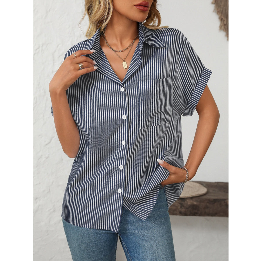 Mandy Pocketed Striped Collared Neck Short Sleeve Shirt Apparel and Accessories