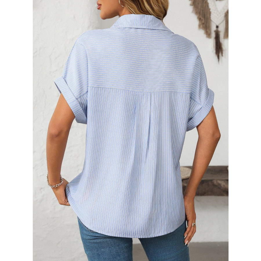 Mandy Pocketed Striped Collared Neck Short Sleeve Shirt Light Blue / S Apparel and Accessories