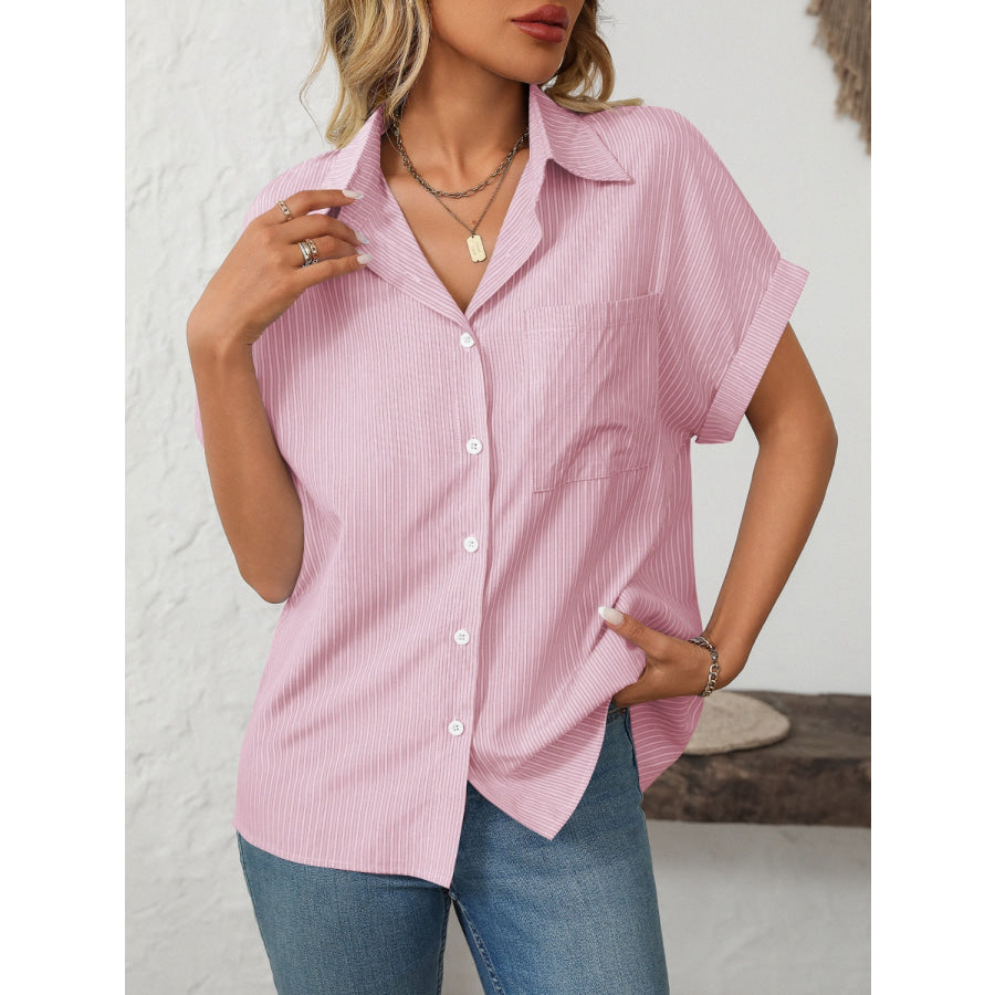 Mandy Pocketed Striped Collared Neck Short Sleeve Shirt Apparel and Accessories