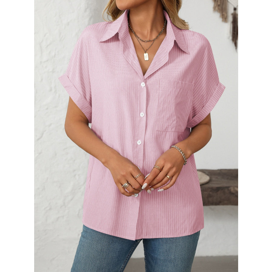 Mandy Pocketed Striped Collared Neck Short Sleeve Shirt Apparel and Accessories