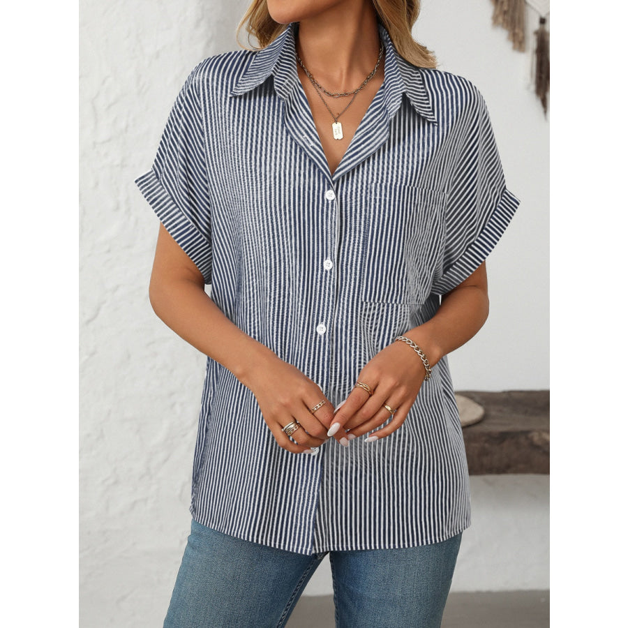 Mandy Pocketed Striped Collared Neck Short Sleeve Shirt Apparel and Accessories