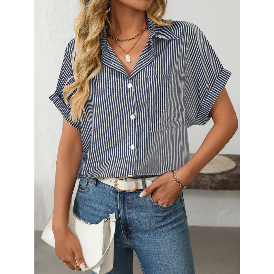 Mandy Pocketed Striped Collared Neck Short Sleeve Shirt Dark Navy / S Apparel and Accessories