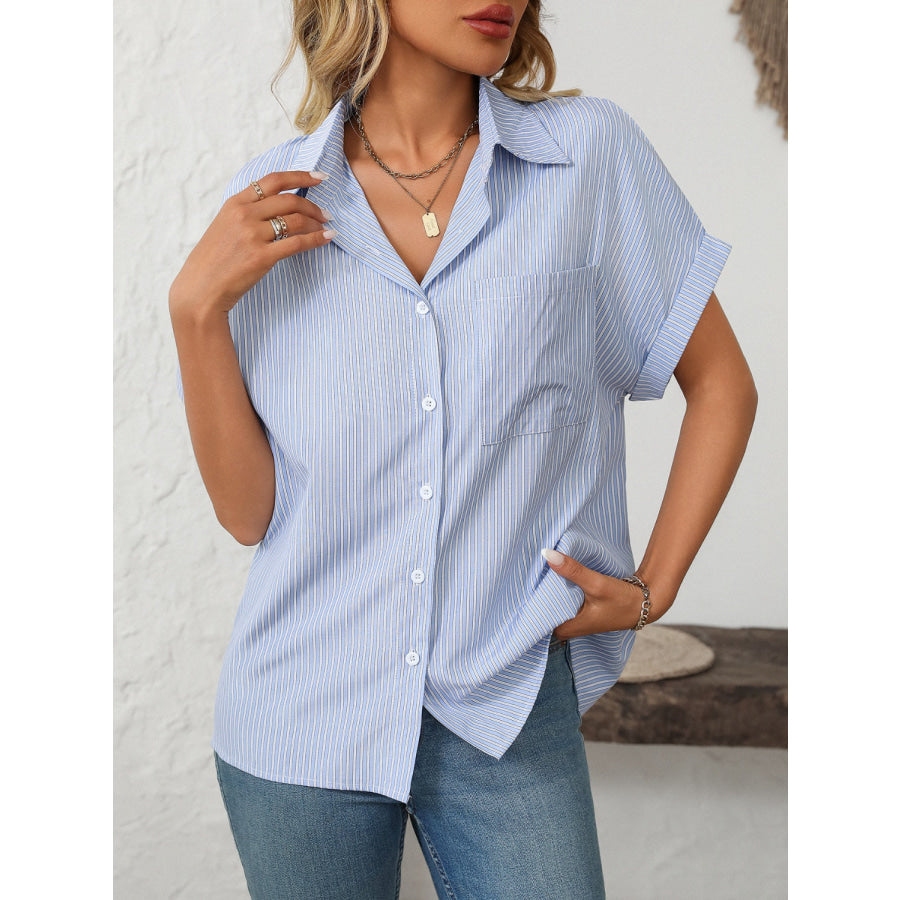 Mandy Pocketed Striped Collared Neck Short Sleeve Shirt Light Blue / S Apparel and Accessories