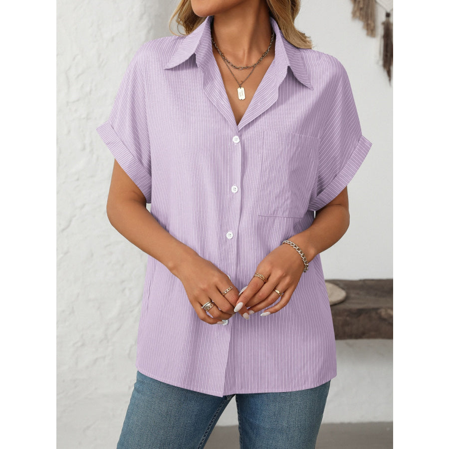 Mandy Pocketed Striped Collared Neck Short Sleeve Shirt Pink Purple / S Apparel and Accessories