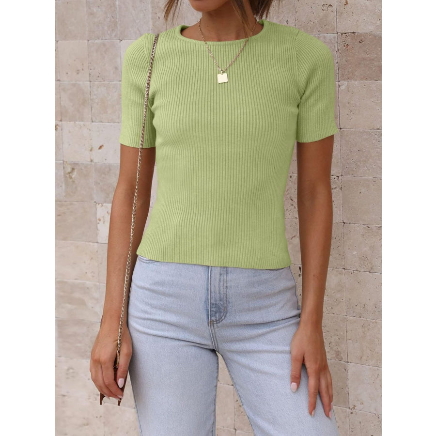 Mandy Ribbed Round Neck Short Sleeve Knit Top Apparel and Accessories