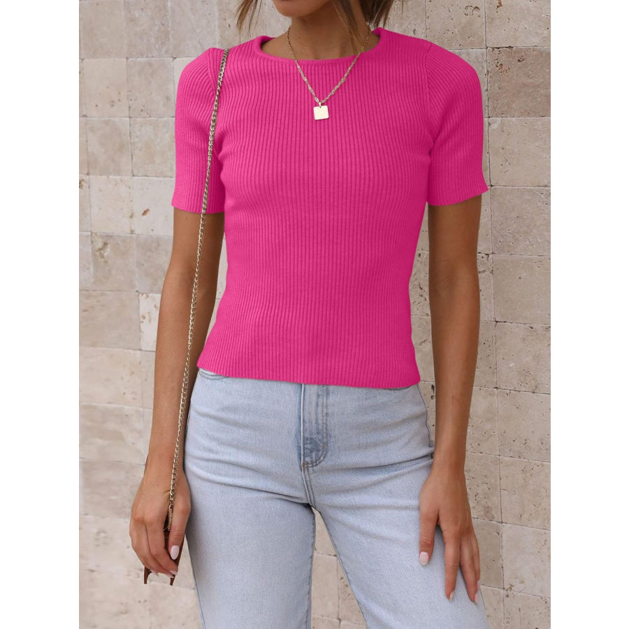 Mandy Ribbed Round Neck Short Sleeve Knit Top Apparel and Accessories