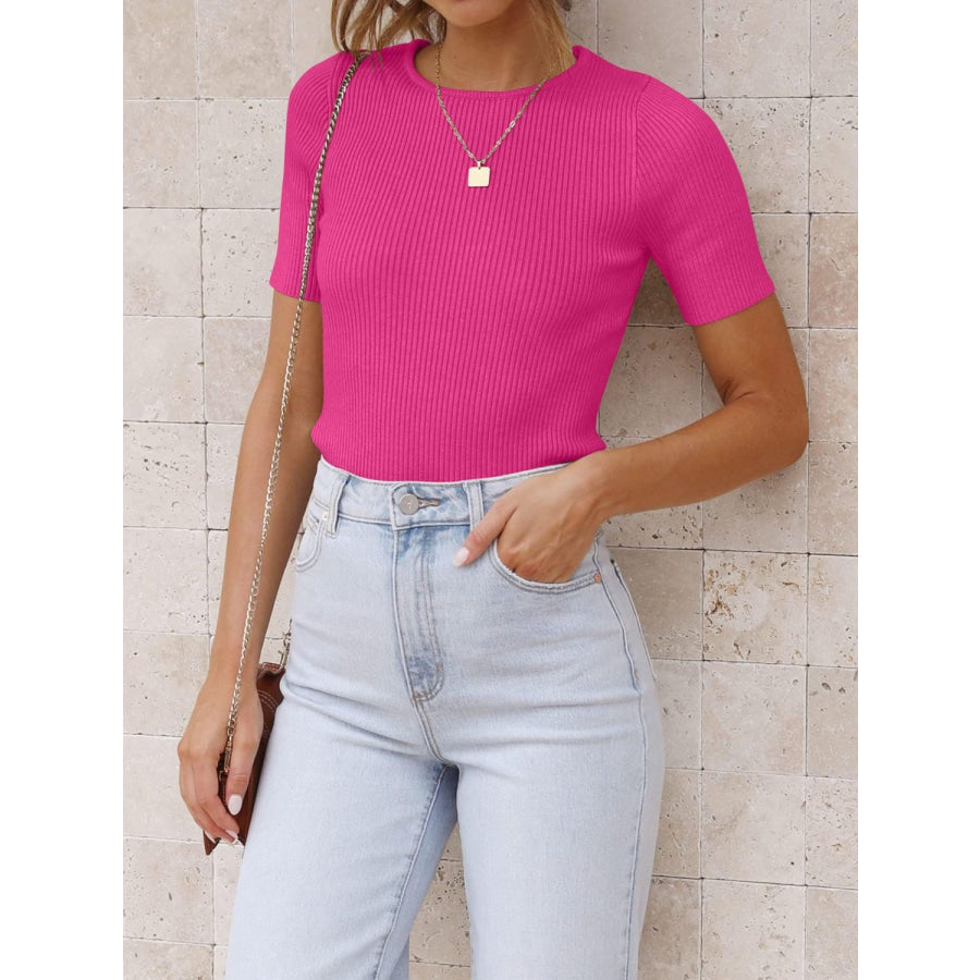 Mandy Ribbed Round Neck Short Sleeve Knit Top Fuchsia Pink / S Apparel and Accessories