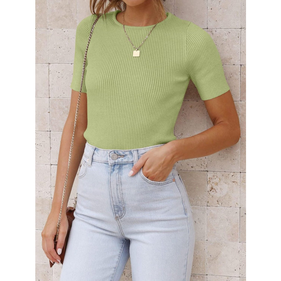 Mandy Ribbed Round Neck Short Sleeve Knit Top Lime / S Apparel and Accessories