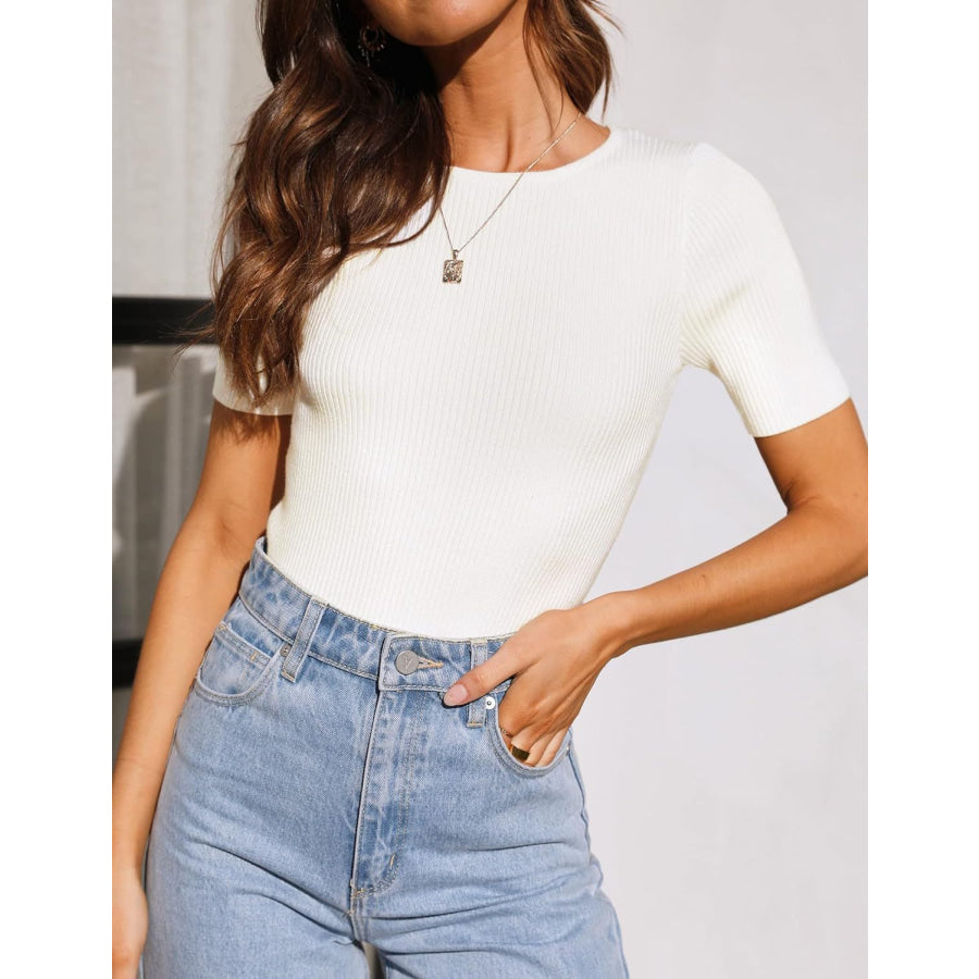 Mandy Ribbed Round Neck Short Sleeve Knit Top White / S Apparel and Accessories