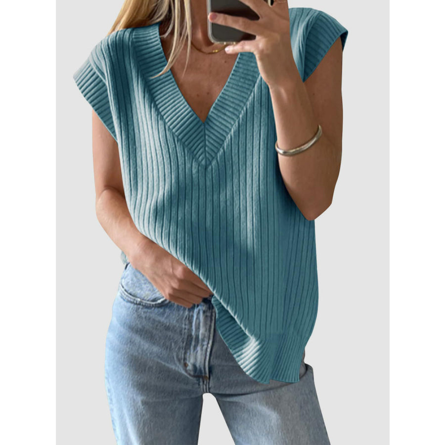 Mandy Ribbed V-Neck Sweater Vest Air Force Blue / S Apparel and Accessories