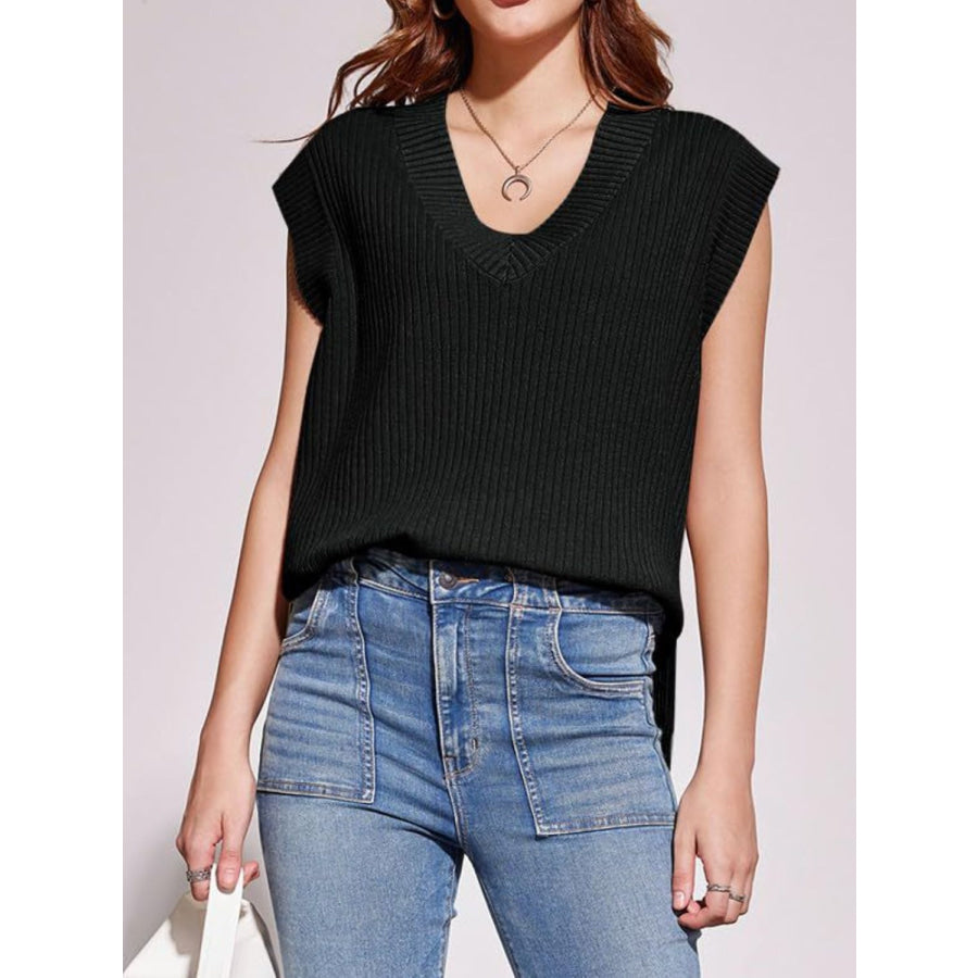 Mandy Ribbed V-Neck Sweater Vest Black / S Apparel and Accessories