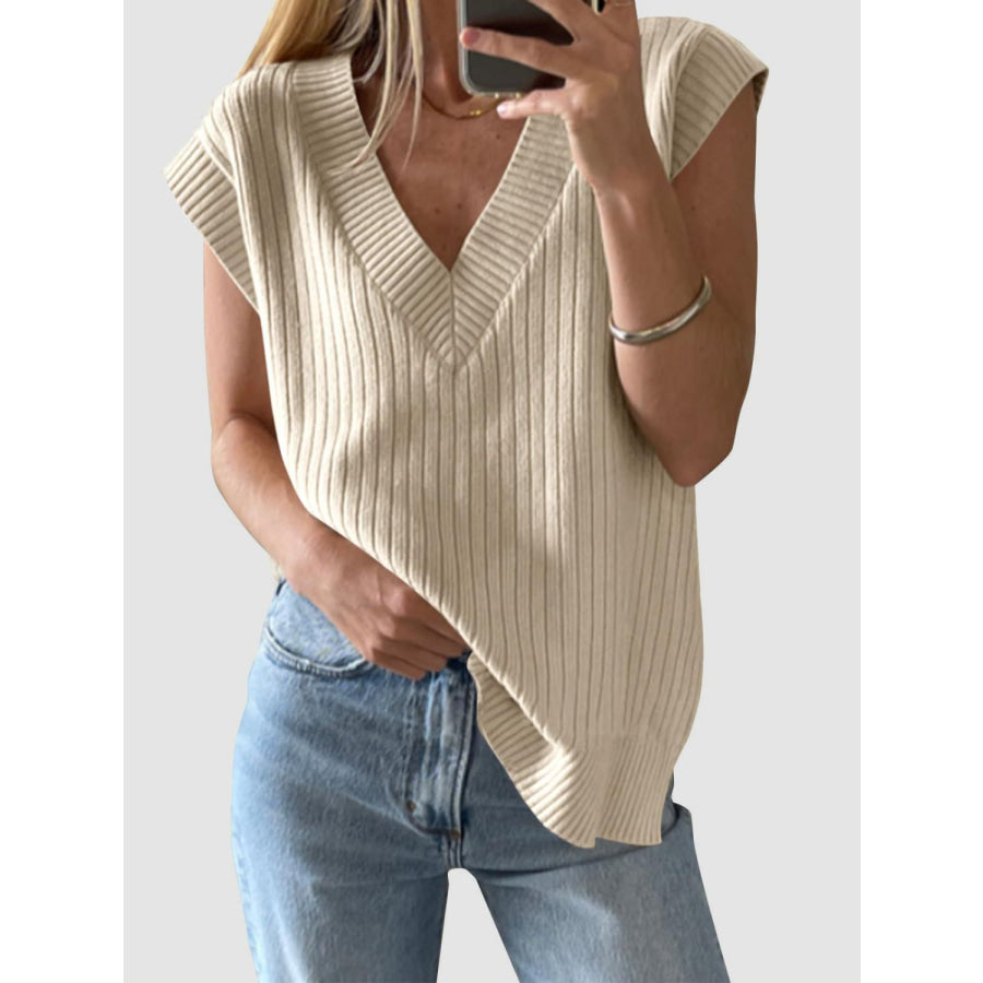 Mandy Ribbed V-Neck Sweater Vest Tan / S Apparel and Accessories