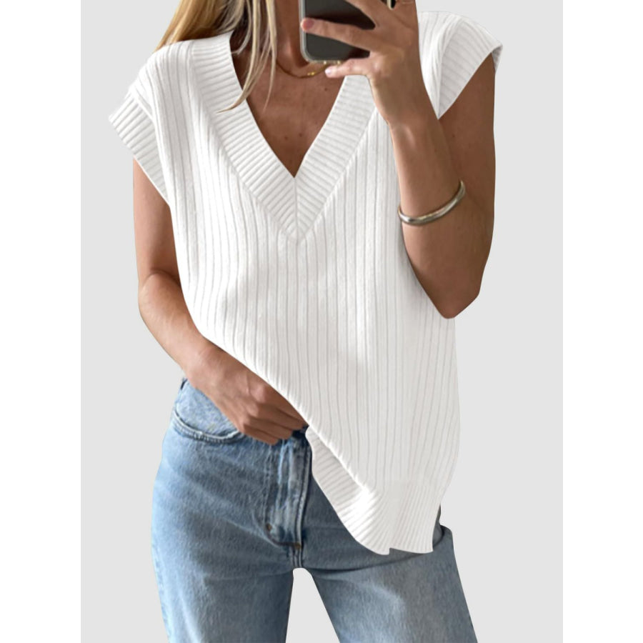 Mandy Ribbed V-Neck Sweater Vest White / S Apparel and Accessories