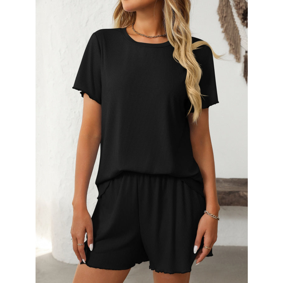 Mandy Round Neck Short Sleeve Top and Shorts Set Black / S Apparel and Accessories