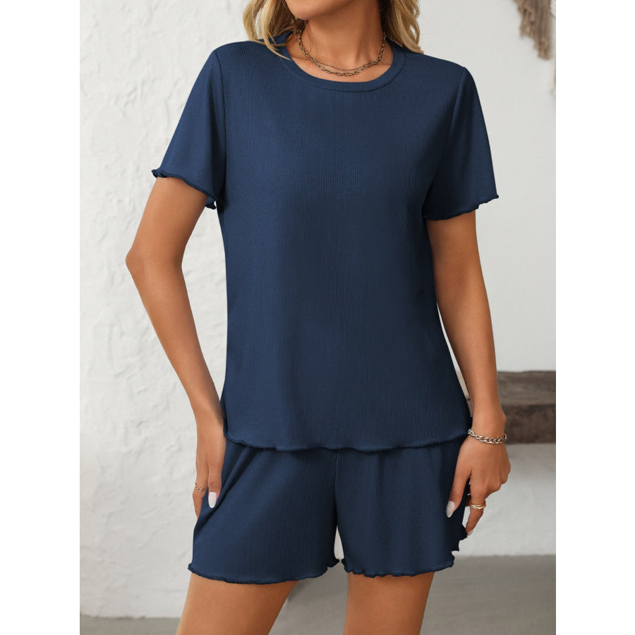 Mandy Round Neck Short Sleeve Top and Shorts Set Dark Blue / S Apparel and Accessories