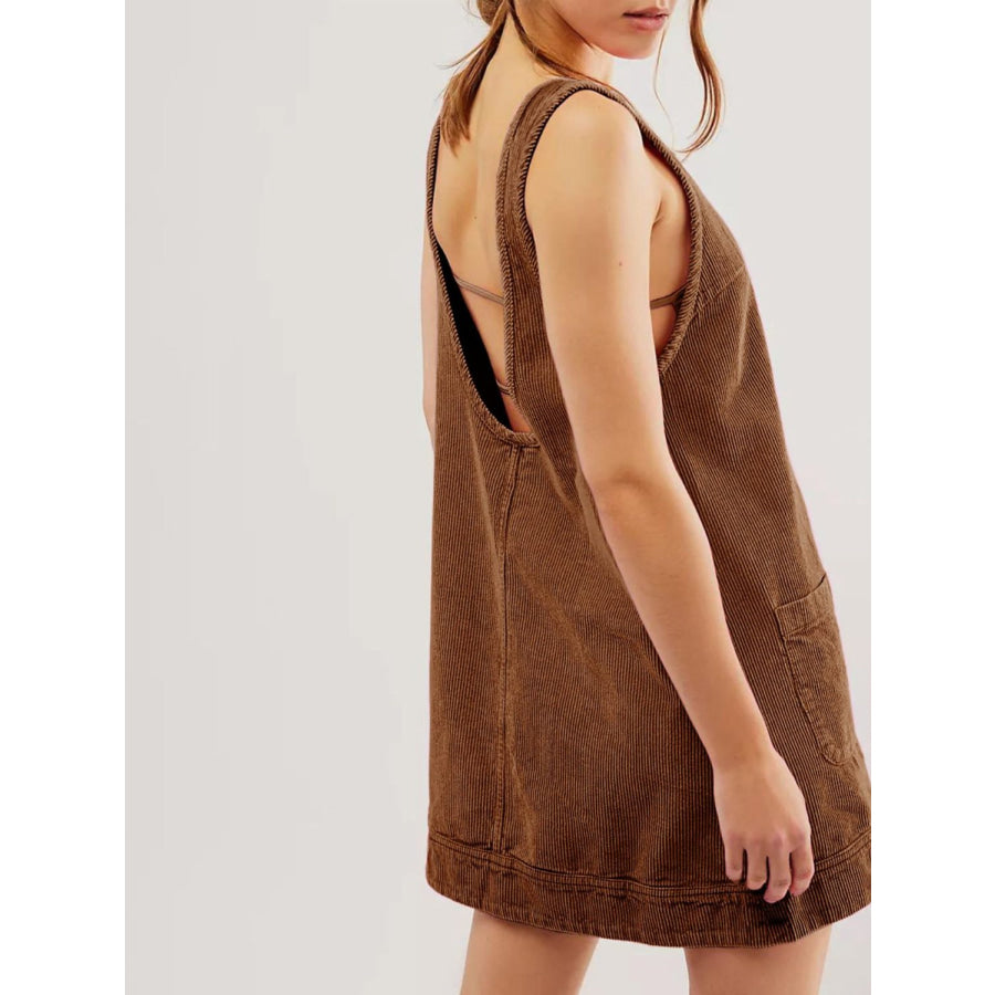 Mandy Round Neck Wide Strap Mini Dress with Pockets Brown / S Apparel and Accessories