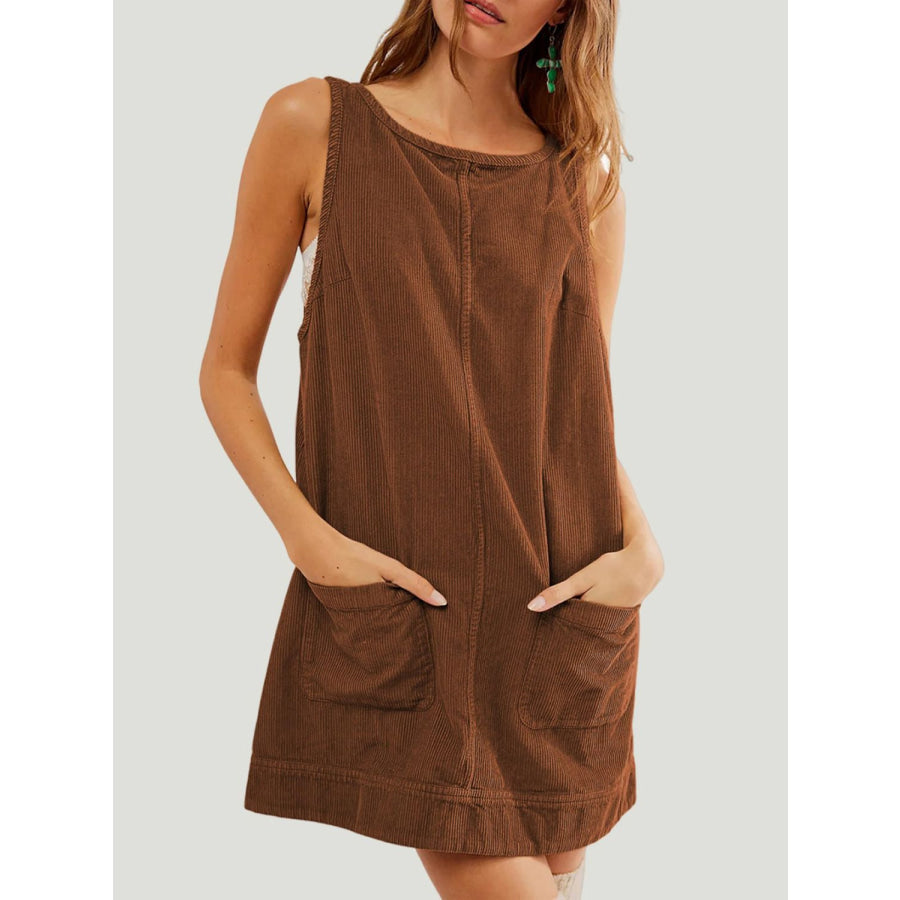 Mandy Round Neck Wide Strap Mini Dress with Pockets Brown / S Apparel and Accessories