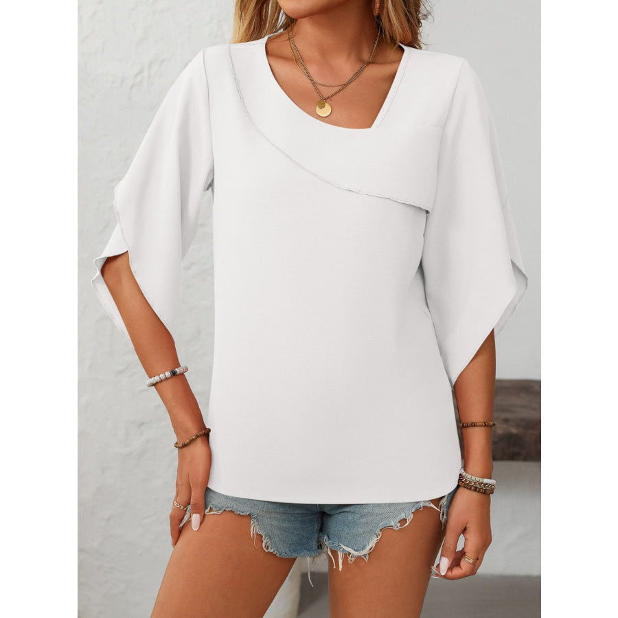 Mandy Ruffled Asymmetrical Neck Half Sleeve Blouse Apparel and Accessories