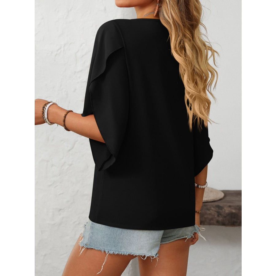 Mandy Ruffled Asymmetrical Neck Half Sleeve Blouse Apparel and Accessories