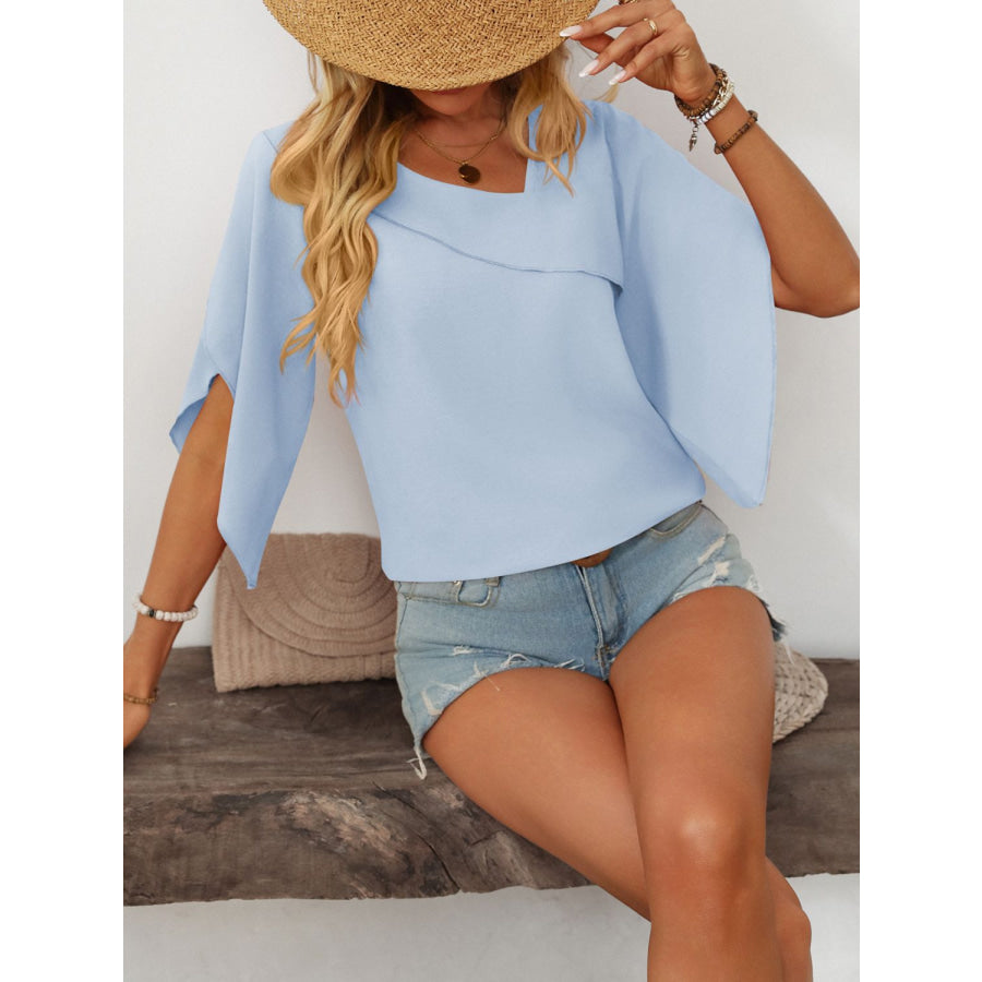 Mandy Ruffled Asymmetrical Neck Half Sleeve Blouse Apparel and Accessories