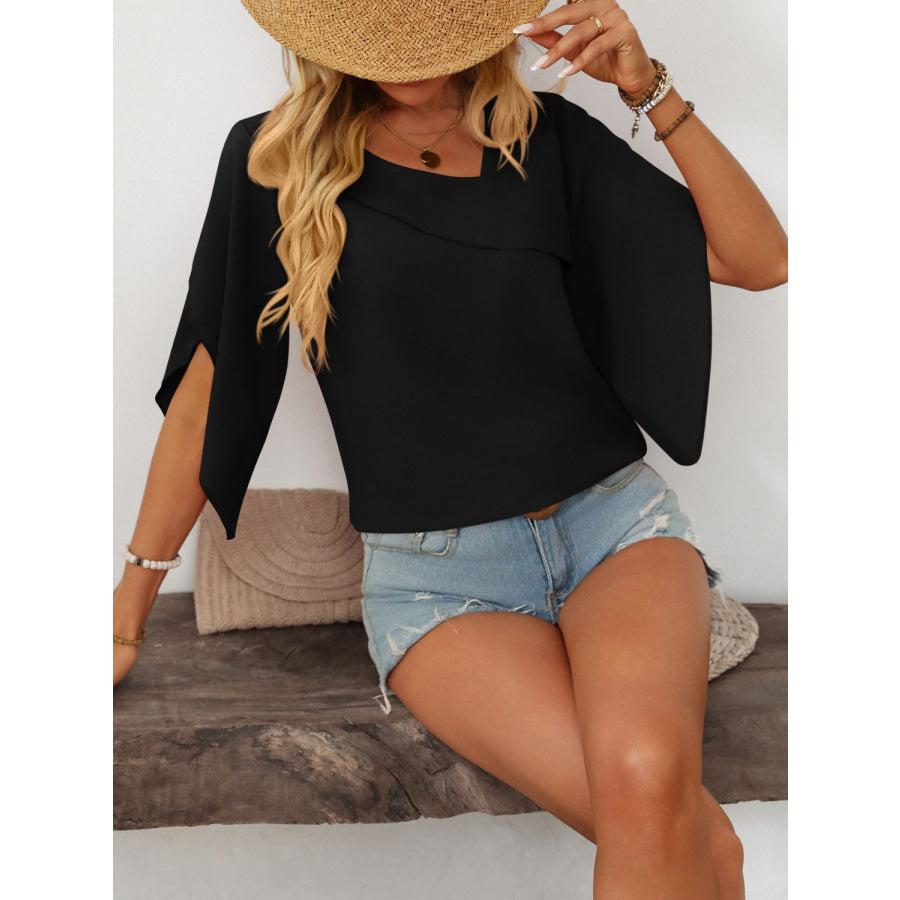 Mandy Ruffled Asymmetrical Neck Half Sleeve Blouse Apparel and Accessories