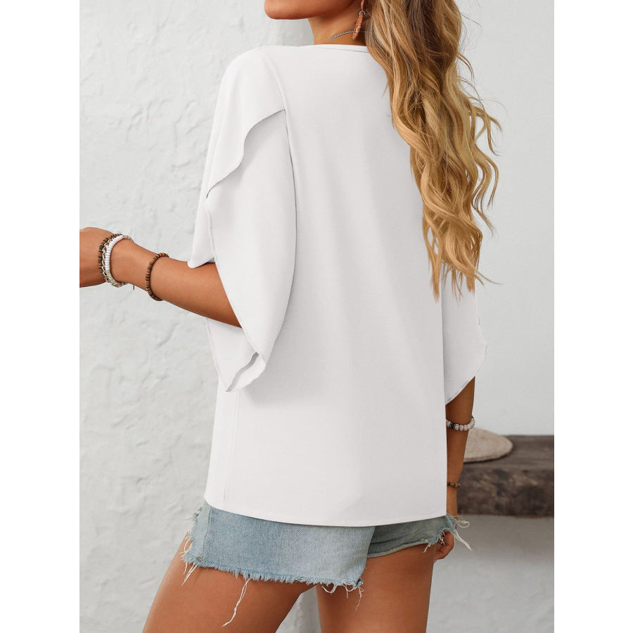 Mandy Ruffled Asymmetrical Neck Half Sleeve Blouse Apparel and Accessories