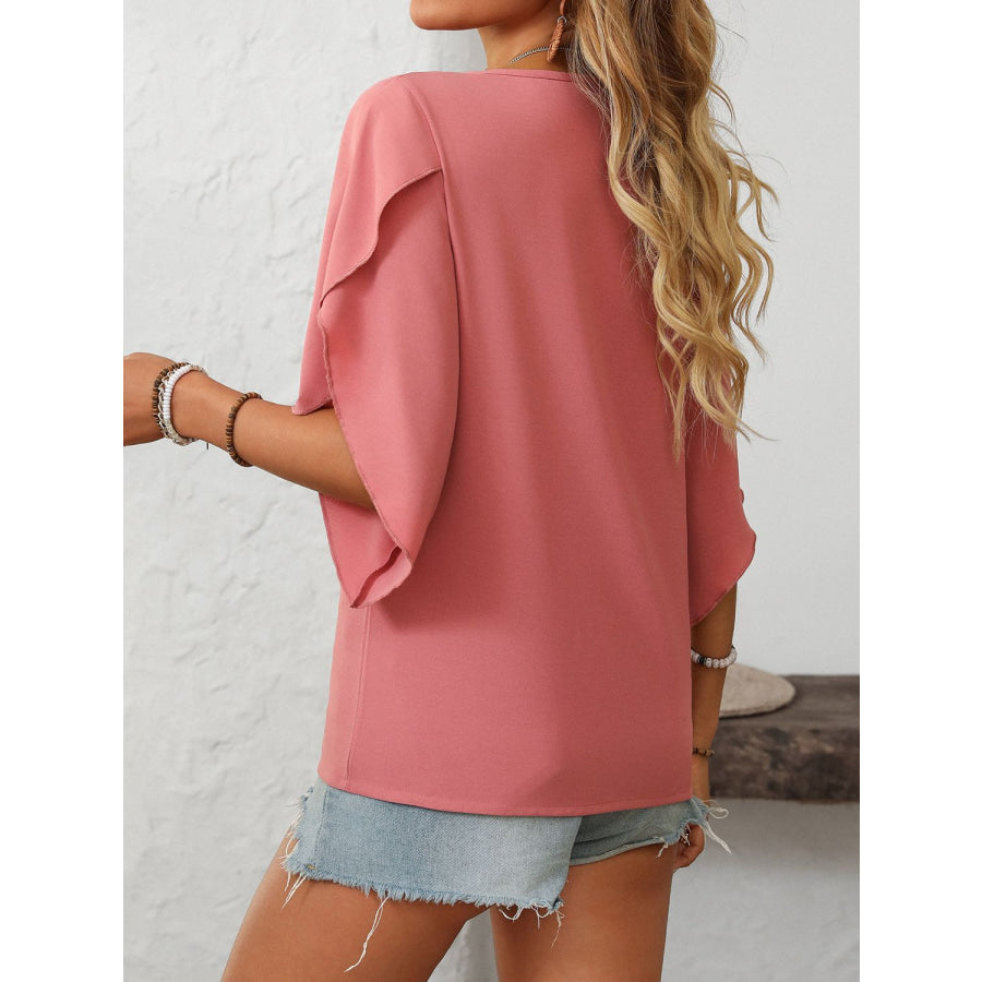 Mandy Ruffled Asymmetrical Neck Half Sleeve Blouse Apparel and Accessories