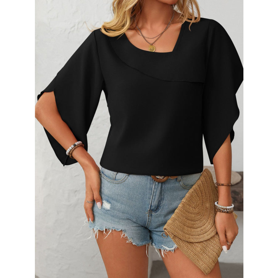 Mandy Ruffled Asymmetrical Neck Half Sleeve Blouse Apparel and Accessories