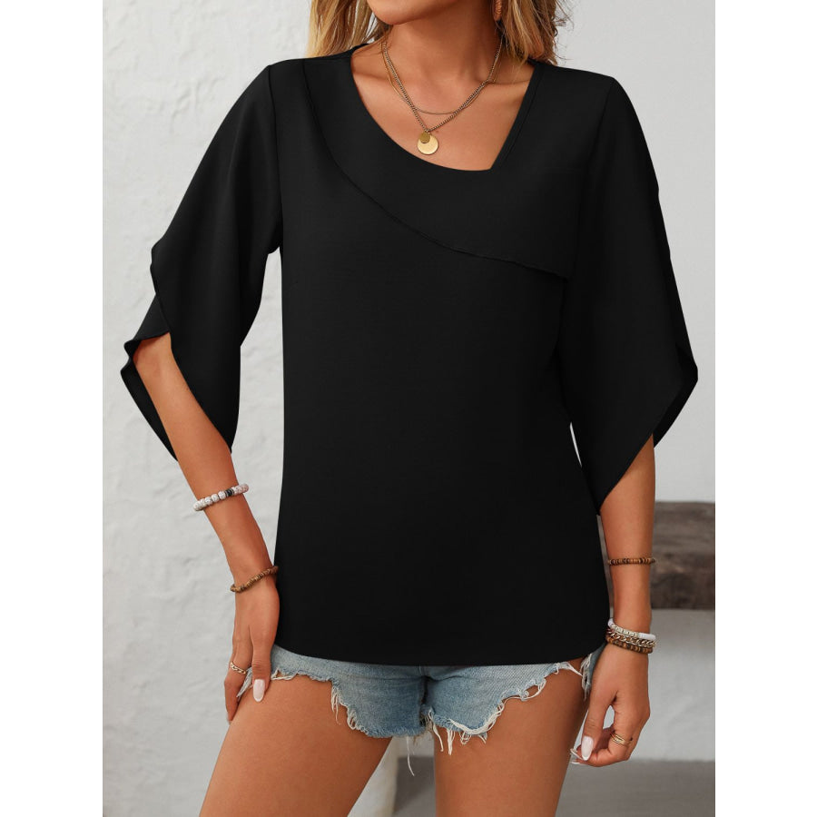 Mandy Ruffled Asymmetrical Neck Half Sleeve Blouse Apparel and Accessories