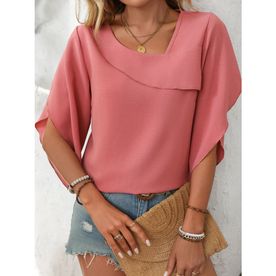 Mandy Ruffled Asymmetrical Neck Half Sleeve Blouse Apparel and Accessories